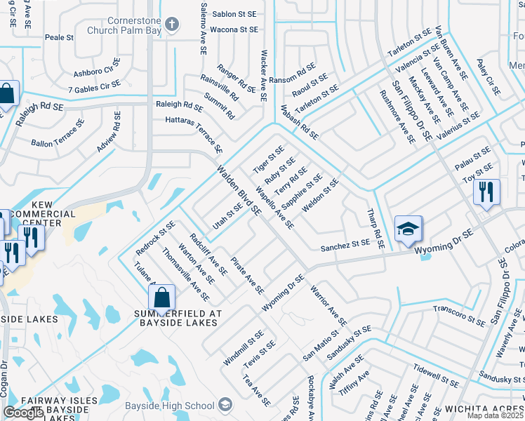map of restaurants, bars, coffee shops, grocery stores, and more near 1083 Walden Boulevard Southeast in Palm Bay