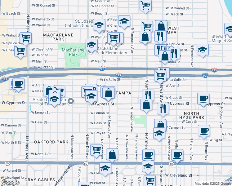 map of restaurants, bars, coffee shops, grocery stores, and more near 2802 West Nassau Street in Tampa