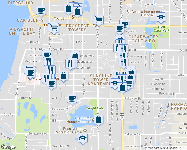 map of restaurants, bars, coffee shops, grocery stores, and more near 1005 Lotus Path in Clearwater