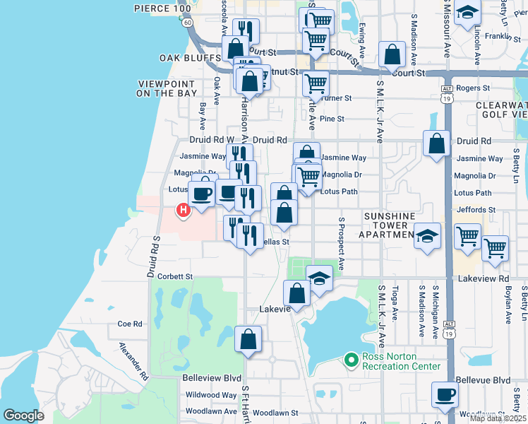 map of restaurants, bars, coffee shops, grocery stores, and more near 508 Jeffords Street in Clearwater