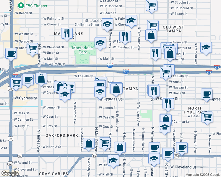 map of restaurants, bars, coffee shops, grocery stores, and more near 2920 West Arch Street in Tampa