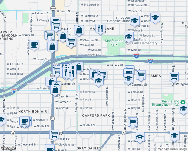 map of restaurants, bars, coffee shops, grocery stores, and more near 3314 West Arch Street in Tampa