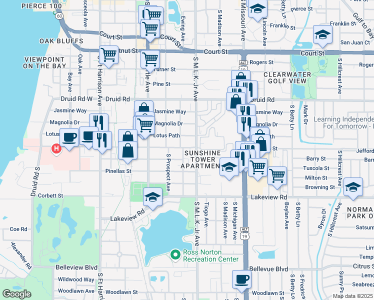 map of restaurants, bars, coffee shops, grocery stores, and more near 1005 Lotus Path in Clearwater