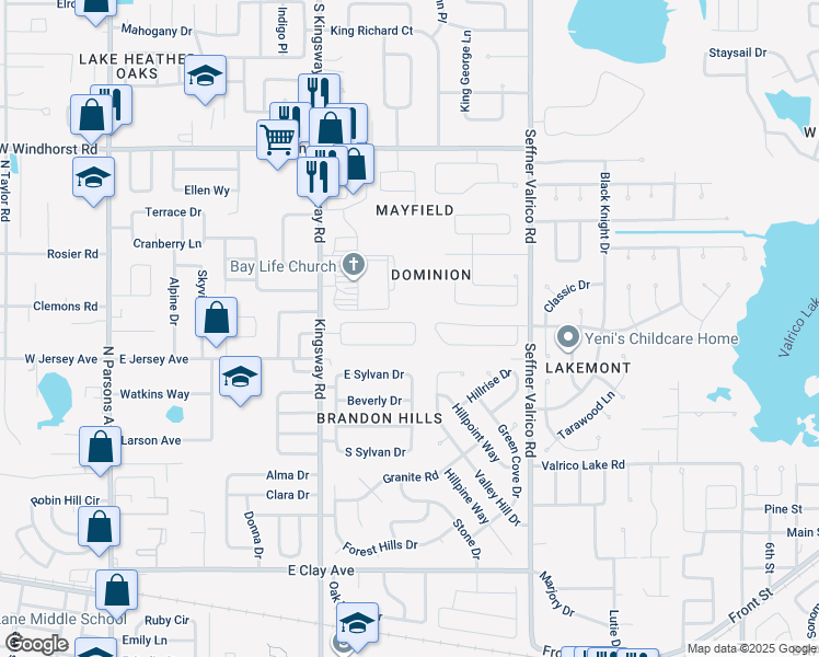 map of restaurants, bars, coffee shops, grocery stores, and more near 936 Wicketrun Drive in Brandon