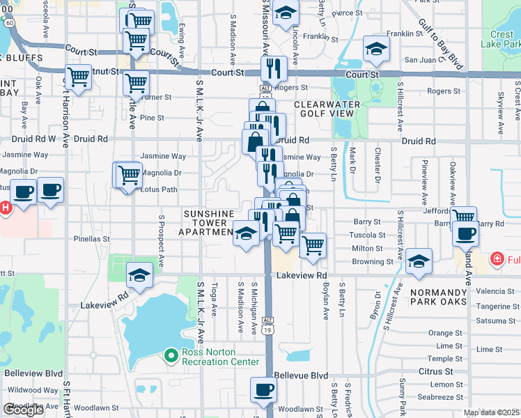 map of restaurants, bars, coffee shops, grocery stores, and more near 1114 South Missouri Avenue in Clearwater