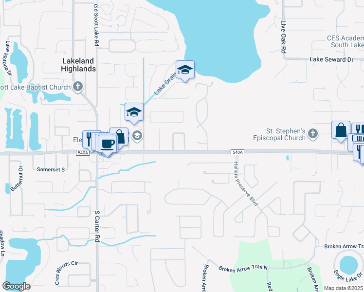 map of restaurants, bars, coffee shops, grocery stores, and more near 6133 Donegal East in Lakeland