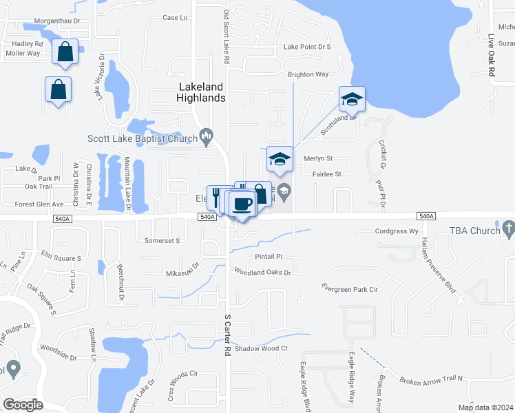 map of restaurants, bars, coffee shops, grocery stores, and more near 6225 Quail Ridge Drive in Lakeland