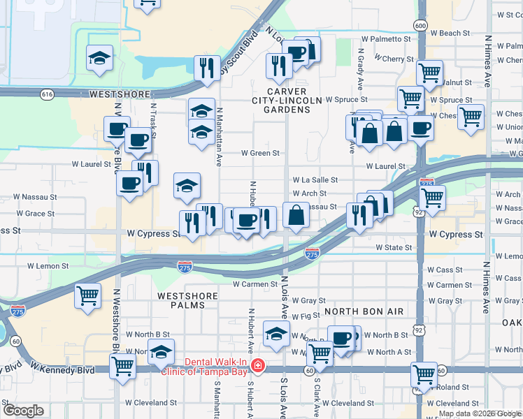 map of restaurants, bars, coffee shops, grocery stores, and more near 4213 West Nassau Street in Tampa