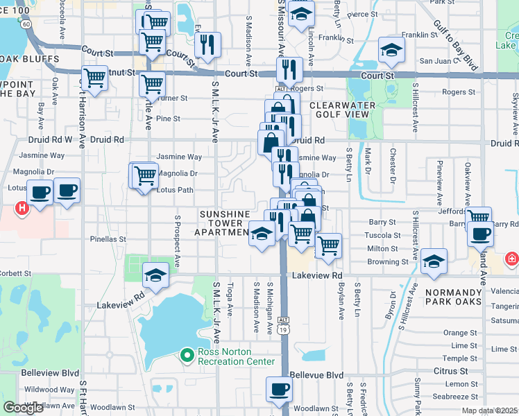 map of restaurants, bars, coffee shops, grocery stores, and more near 1226 South Missouri Avenue in Clearwater