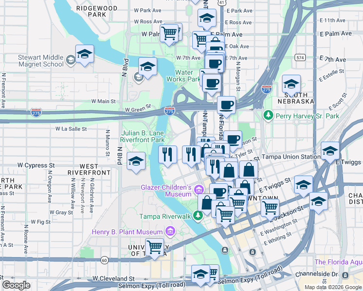 map of restaurants, bars, coffee shops, grocery stores, and more near 109 West Fortune Street in Tampa