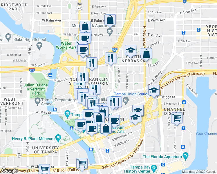 map of restaurants, bars, coffee shops, grocery stores, and more near 1009 Pierce Street in Tampa