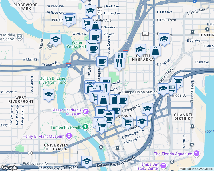 map of restaurants, bars, coffee shops, grocery stores, and more near 506e East Harrison Street in Tampa