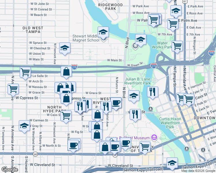 map of restaurants, bars, coffee shops, grocery stores, and more near 1112 West Arch Street in Tampa