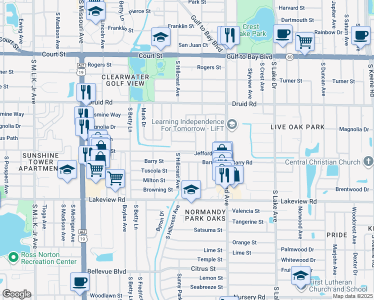 map of restaurants, bars, coffee shops, grocery stores, and more near 1417 Lotus Path in Clearwater