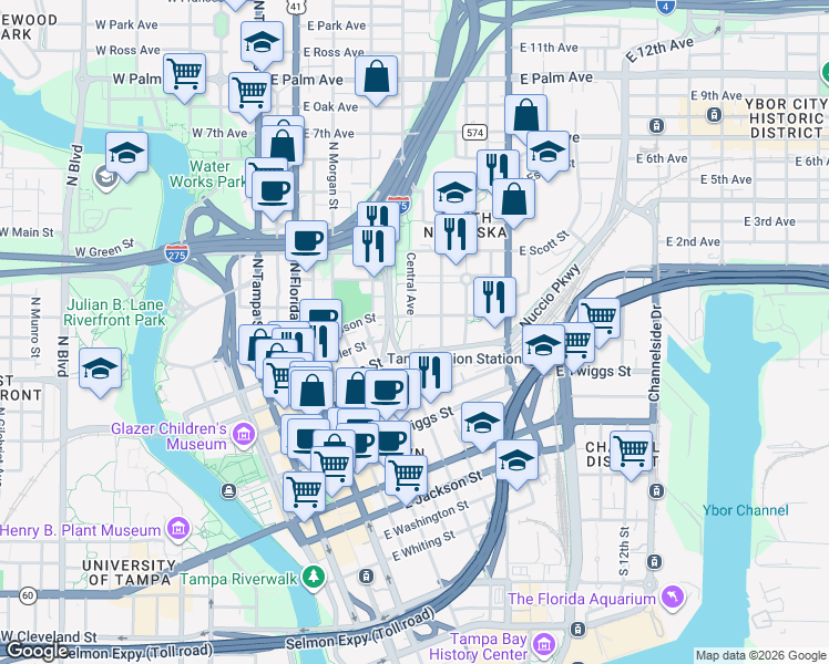 map of restaurants, bars, coffee shops, grocery stores, and more near 921 North Central Avenue in Tampa