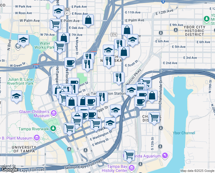 map of restaurants, bars, coffee shops, grocery stores, and more near 1101 East Harrison Street in Tampa