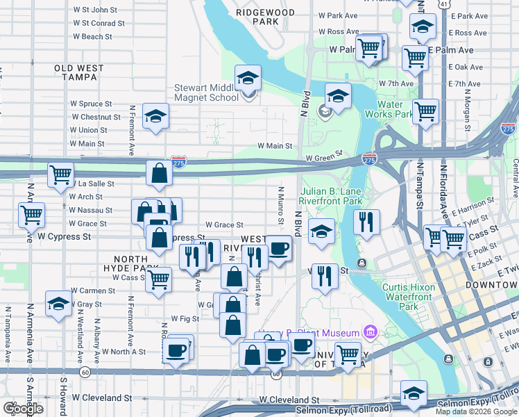 map of restaurants, bars, coffee shops, grocery stores, and more near 1112 West Arch Street in Tampa