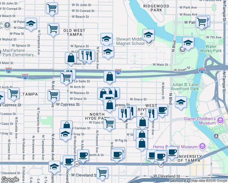 map of restaurants, bars, coffee shops, grocery stores, and more near 1536 West Arch Street in Tampa
