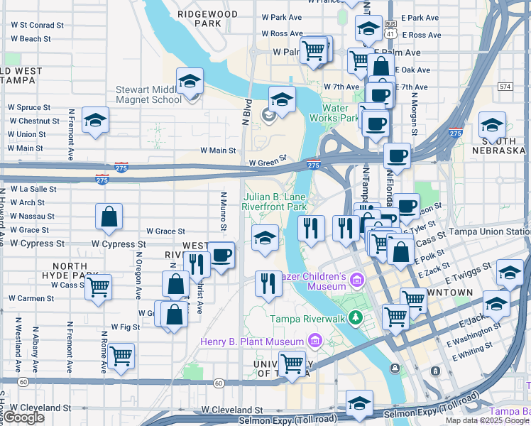 map of restaurants, bars, coffee shops, grocery stores, and more near 1301 East North Bay Street in Tampa