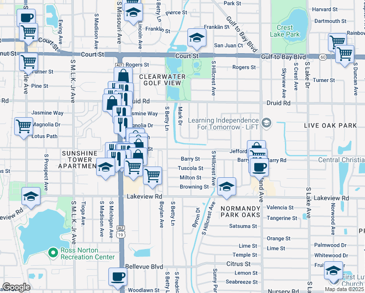 map of restaurants, bars, coffee shops, grocery stores, and more near 1324 Jeffords Street in Clearwater