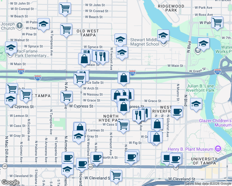 map of restaurants, bars, coffee shops, grocery stores, and more near 1710 West Arch Street in Tampa