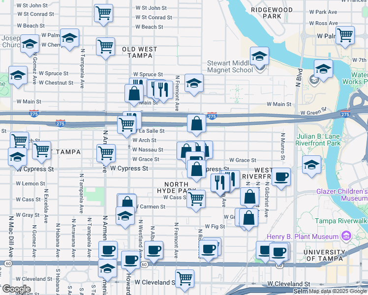 map of restaurants, bars, coffee shops, grocery stores, and more near 1710 West Arch Street in Tampa