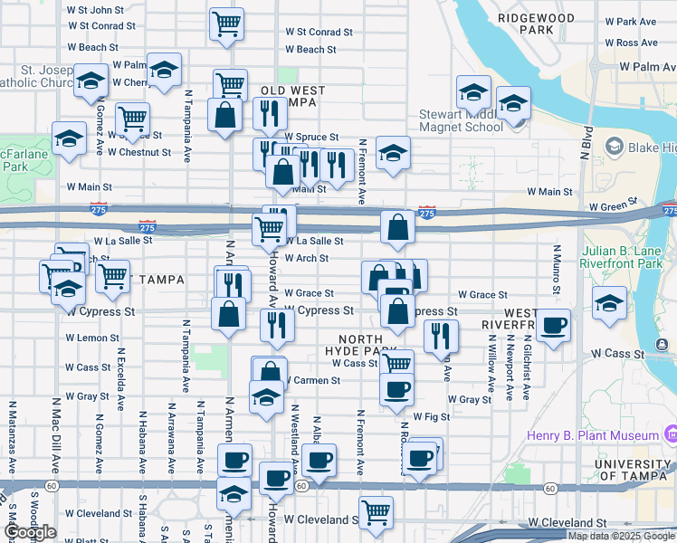 map of restaurants, bars, coffee shops, grocery stores, and more near 1944 West Arch Street in Tampa
