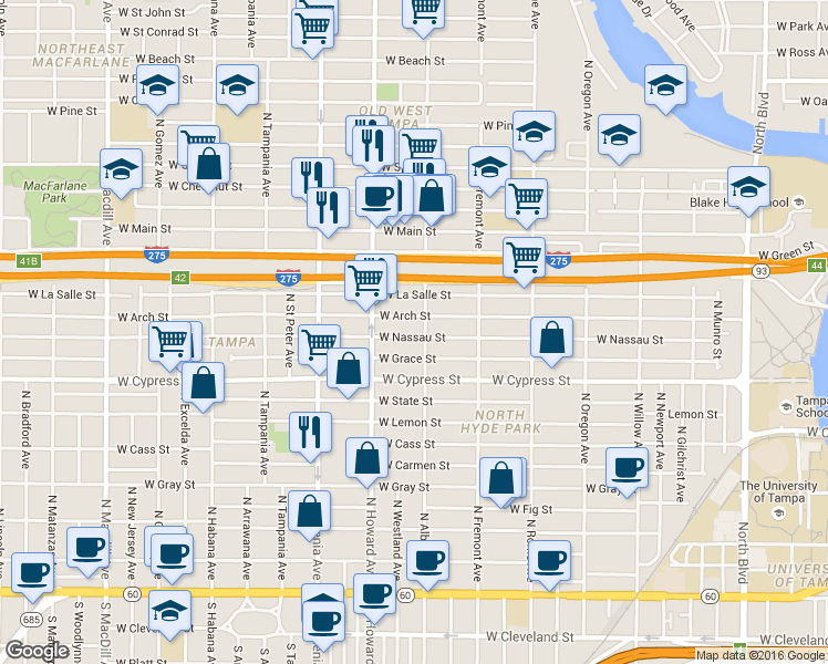 map of restaurants, bars, coffee shops, grocery stores, and more near 2128 West Arch Street in Tampa