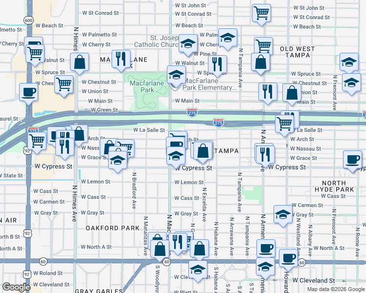 map of restaurants, bars, coffee shops, grocery stores, and more near 3016 West Arch Street in Tampa