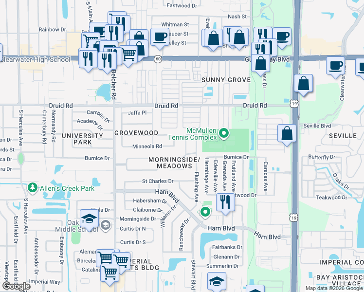 map of restaurants, bars, coffee shops, grocery stores, and more near 1040 Chinaberry Road in Clearwater
