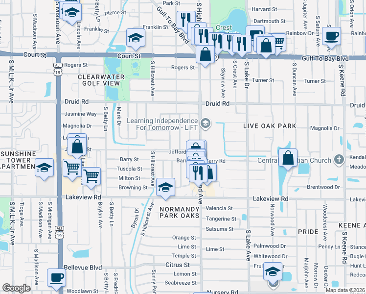 map of restaurants, bars, coffee shops, grocery stores, and more near 1101 Oakview Avenue in Clearwater