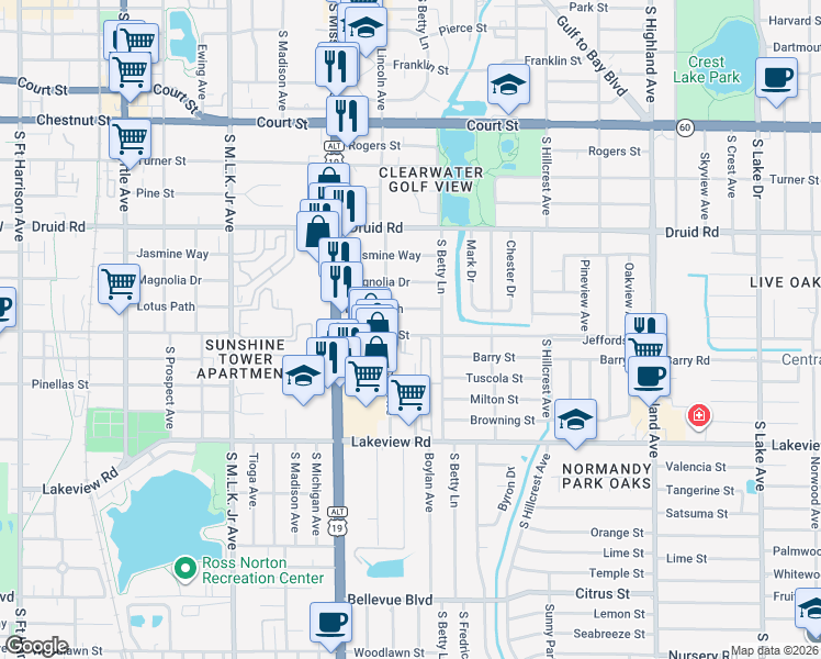 map of restaurants, bars, coffee shops, grocery stores, and more near 1259 Lotus Path in Clearwater