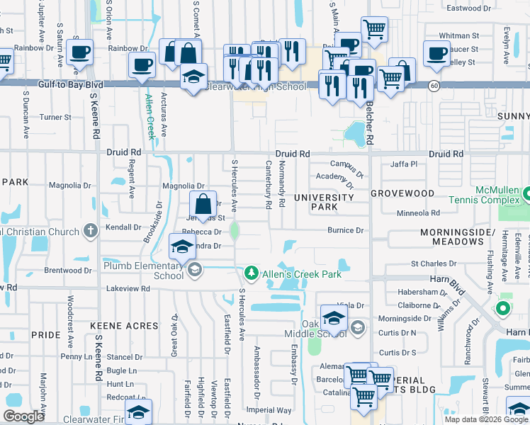 map of restaurants, bars, coffee shops, grocery stores, and more near 1100 Canterbury Road in Clearwater