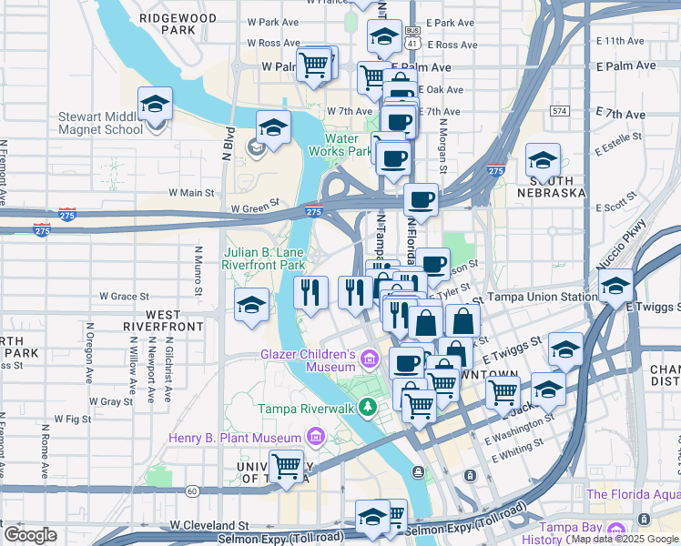 map of restaurants, bars, coffee shops, grocery stores, and more near 109 West Fortune Street in Tampa