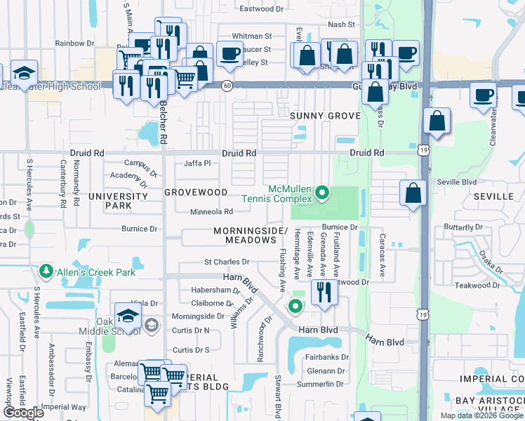 map of restaurants, bars, coffee shops, grocery stores, and more near 1040 Chinaberry Road in Clearwater