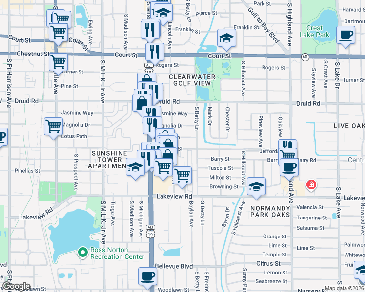 map of restaurants, bars, coffee shops, grocery stores, and more near 1259 Lotus Path in Clearwater