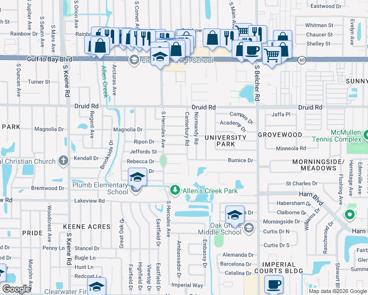 map of restaurants, bars, coffee shops, grocery stores, and more near 1100 Canterbury Road in Clearwater