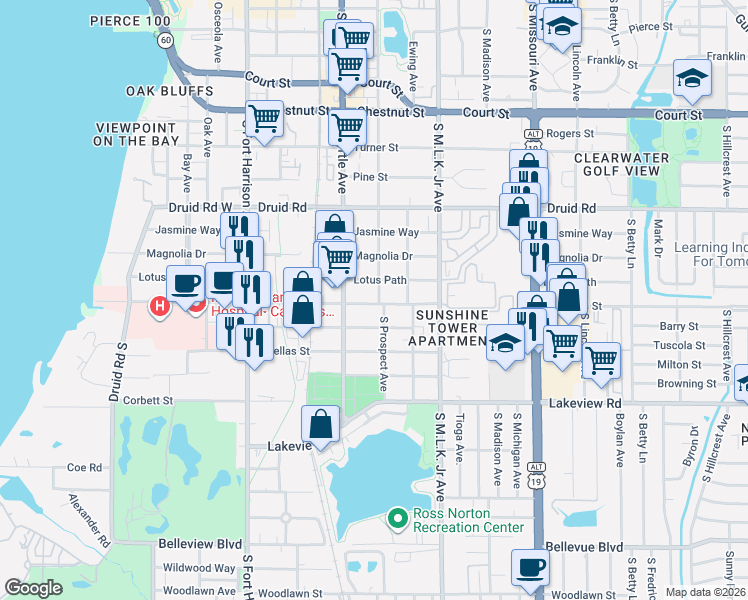 map of restaurants, bars, coffee shops, grocery stores, and more near 1112 South Prospect Avenue in Clearwater