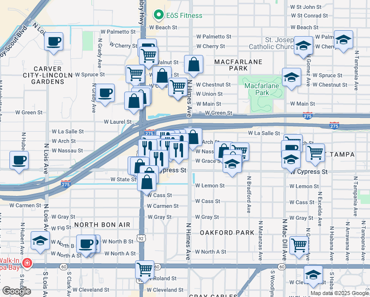 map of restaurants, bars, coffee shops, grocery stores, and more near 1210 North Himes Avenue in Tampa