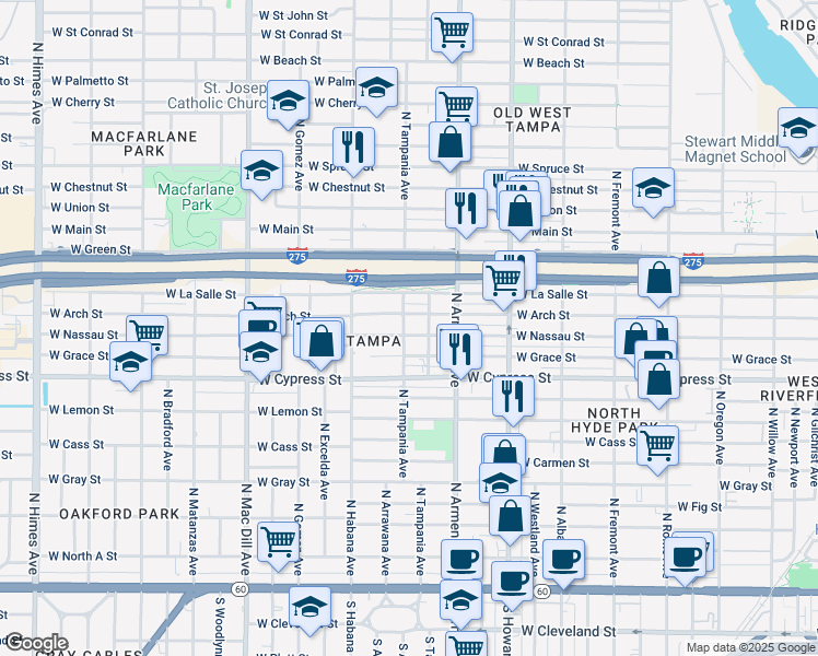 map of restaurants, bars, coffee shops, grocery stores, and more near 2602 West Arch Street in Tampa
