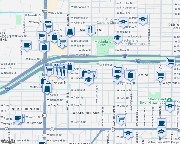 map of restaurants, bars, coffee shops, grocery stores, and more near 3224 West Arch Street in Tampa