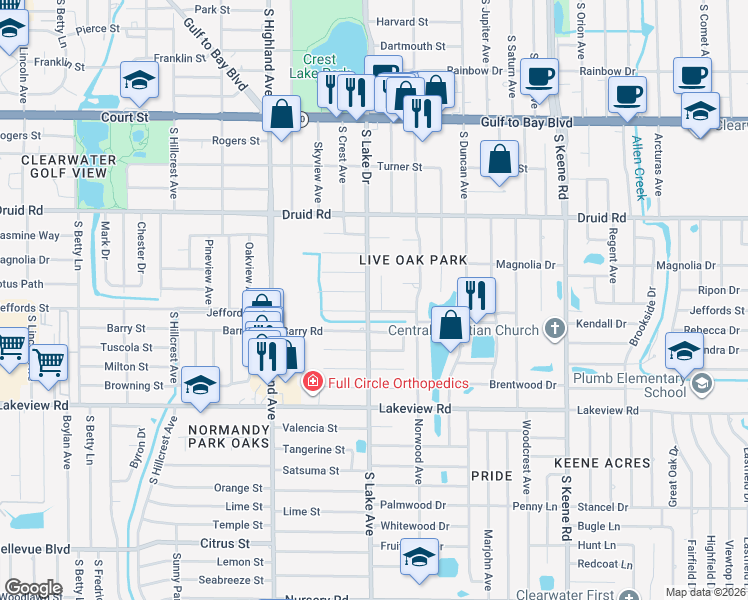 map of restaurants, bars, coffee shops, grocery stores, and more near 1583 Budleigh Street in Clearwater