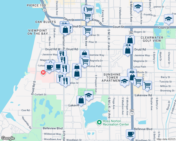 map of restaurants, bars, coffee shops, grocery stores, and more near 1107 South Myrtle Avenue in Clearwater