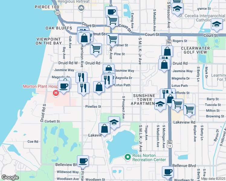 map of restaurants, bars, coffee shops, grocery stores, and more near 1107 South Myrtle Avenue in Clearwater