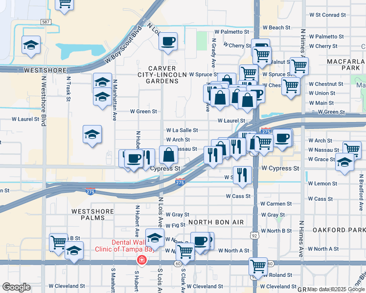map of restaurants, bars, coffee shops, grocery stores, and more near 4101 West Nassau Street in Tampa