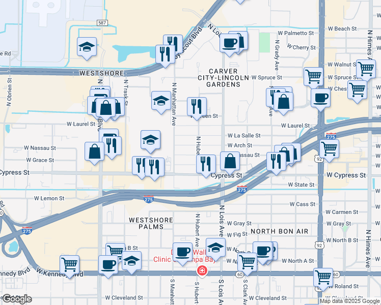 map of restaurants, bars, coffee shops, grocery stores, and more near 4307 West Nassau Street in Tampa