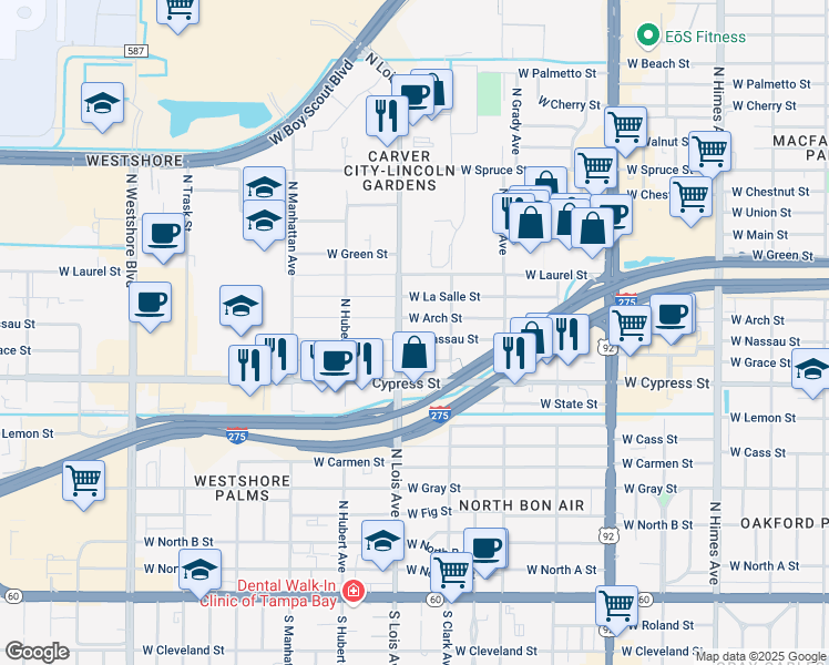 map of restaurants, bars, coffee shops, grocery stores, and more near 4121 West Nassau Street in Tampa