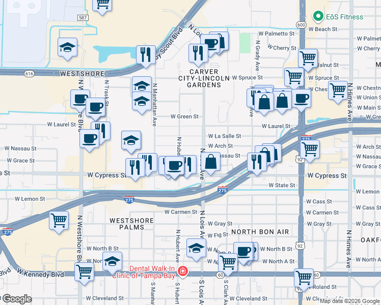 map of restaurants, bars, coffee shops, grocery stores, and more near 4213 W Nassau St in Tampa