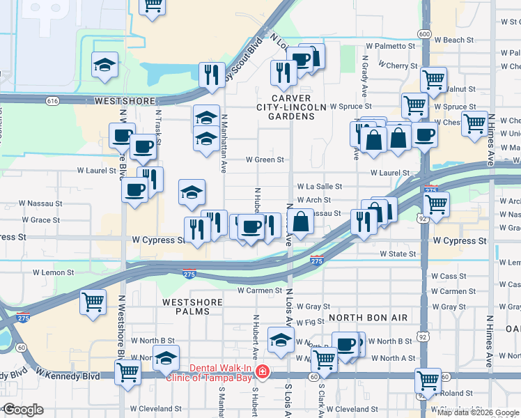 map of restaurants, bars, coffee shops, grocery stores, and more near 4213 West Nassau Street in Tampa