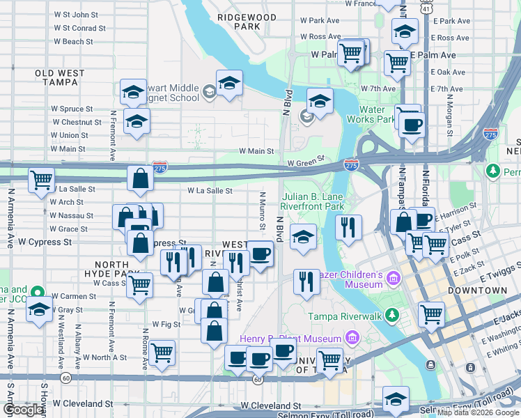 map of restaurants, bars, coffee shops, grocery stores, and more near 1006 West Arch Street in Tampa